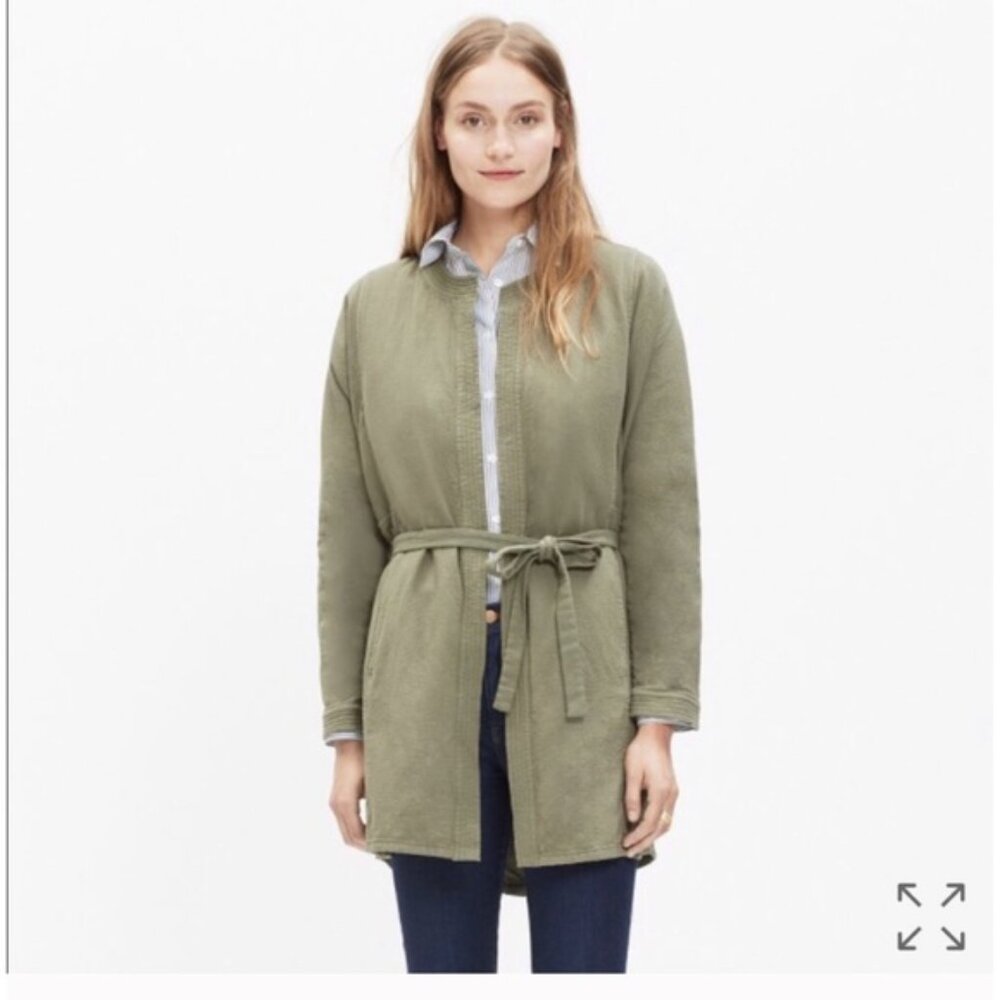 MADEWELL XS Olive Belted Cotton Duster Jacket Tie Waist Stitch-Edge Wrap Coat